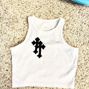 White Crop Top with Black Cross Design